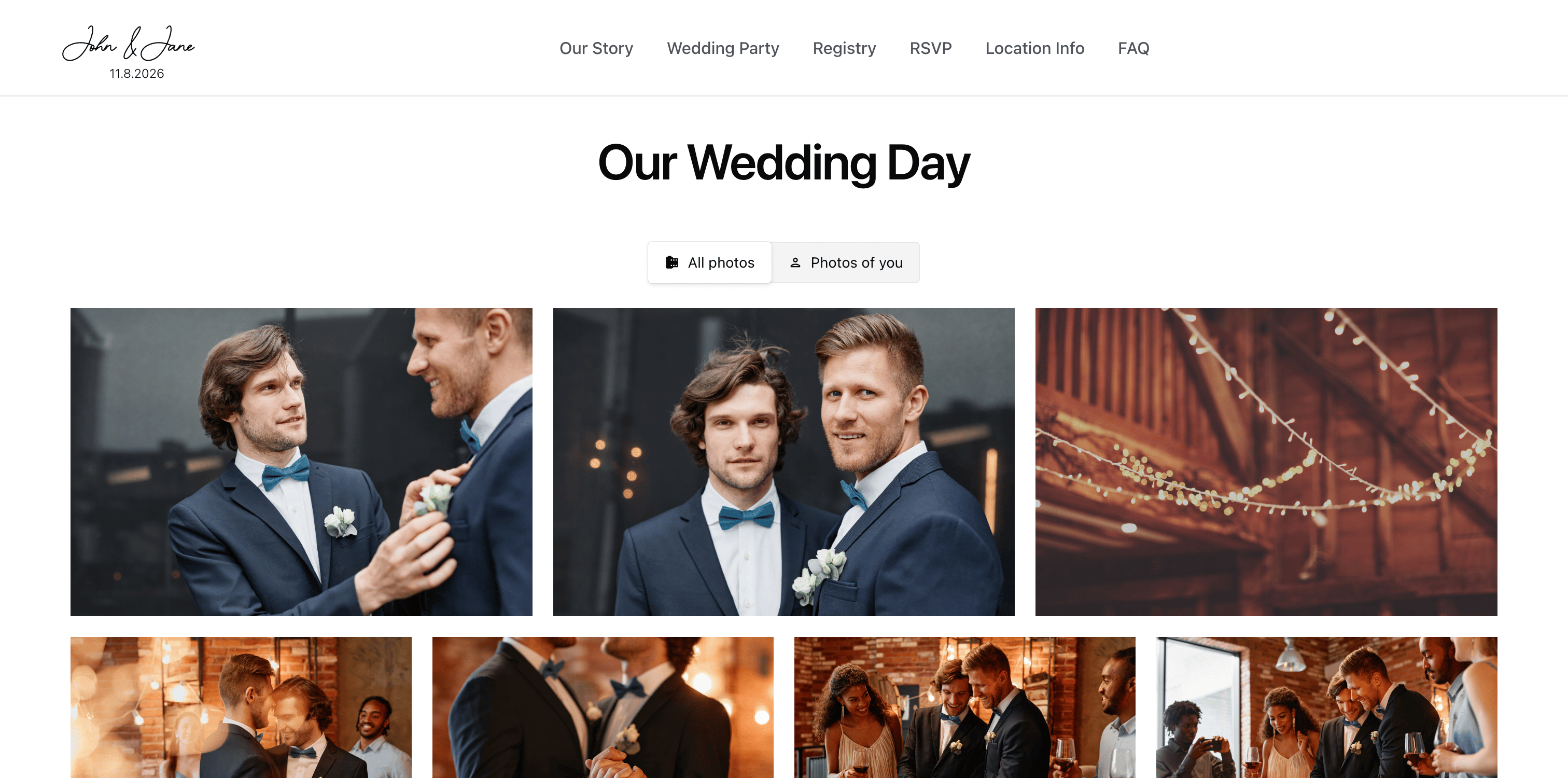 The homepage of the website once authenticated, shows a photo of the couple and a countdown timer to the wedding day.