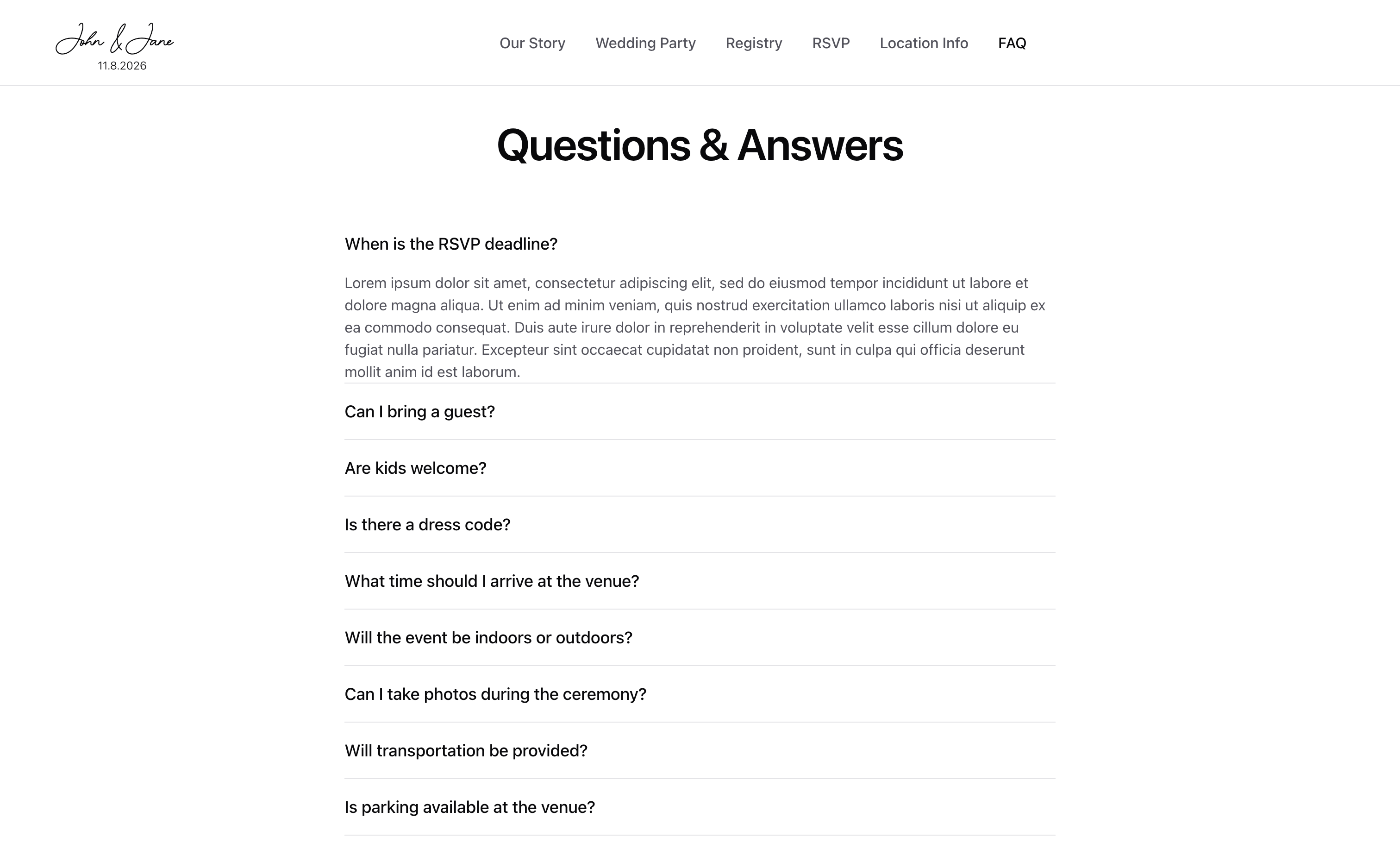 The FAQ page of the website, shows questions and answers such as 'When is the RSVP deadline' and 'Can I bring a guest' along with lorem ipsum responses to each.