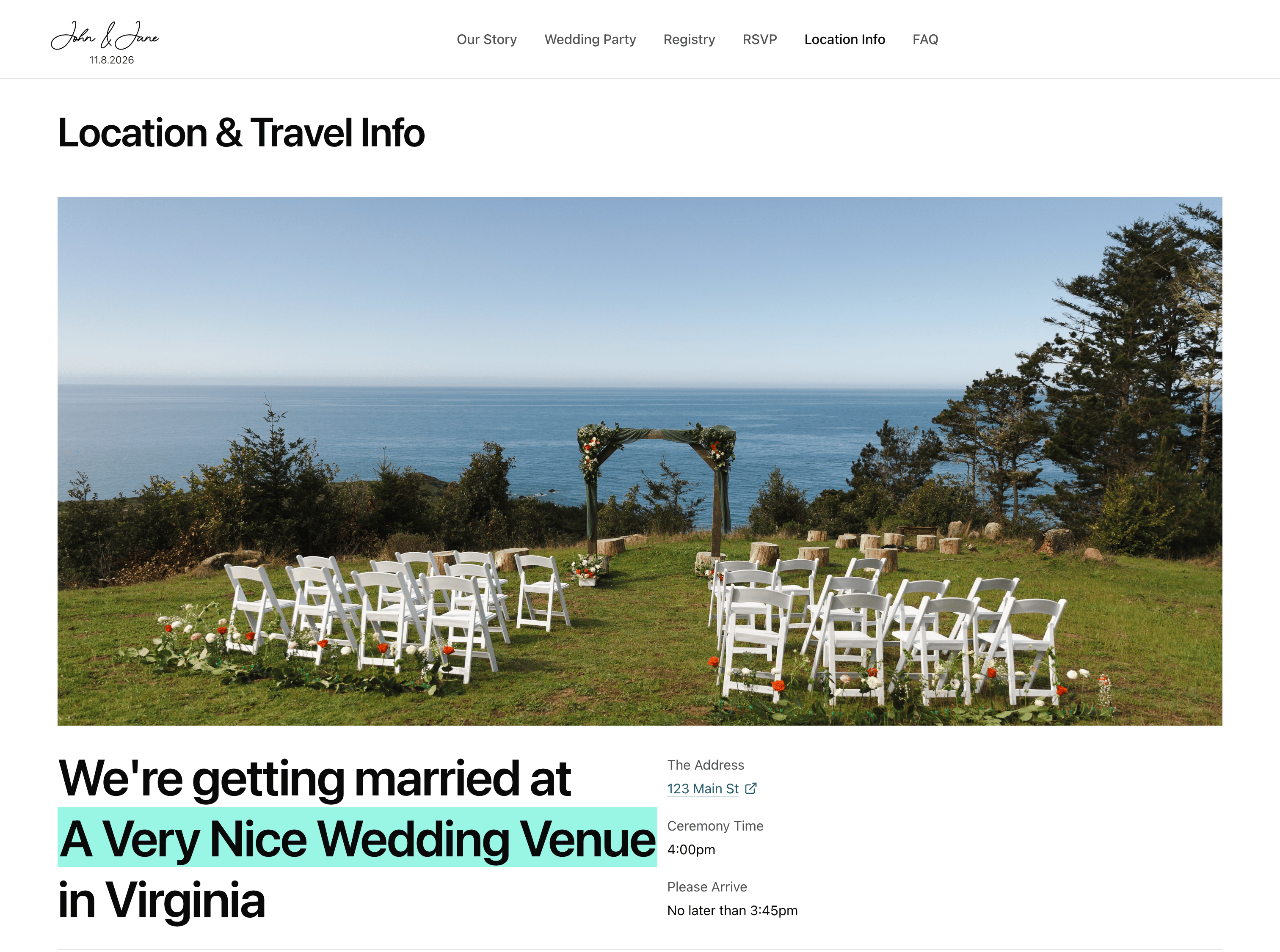 The 'Location' page of the website, shows information about the venue, the wedding day schedule, transportation and lodging options, and things to do while in town.
