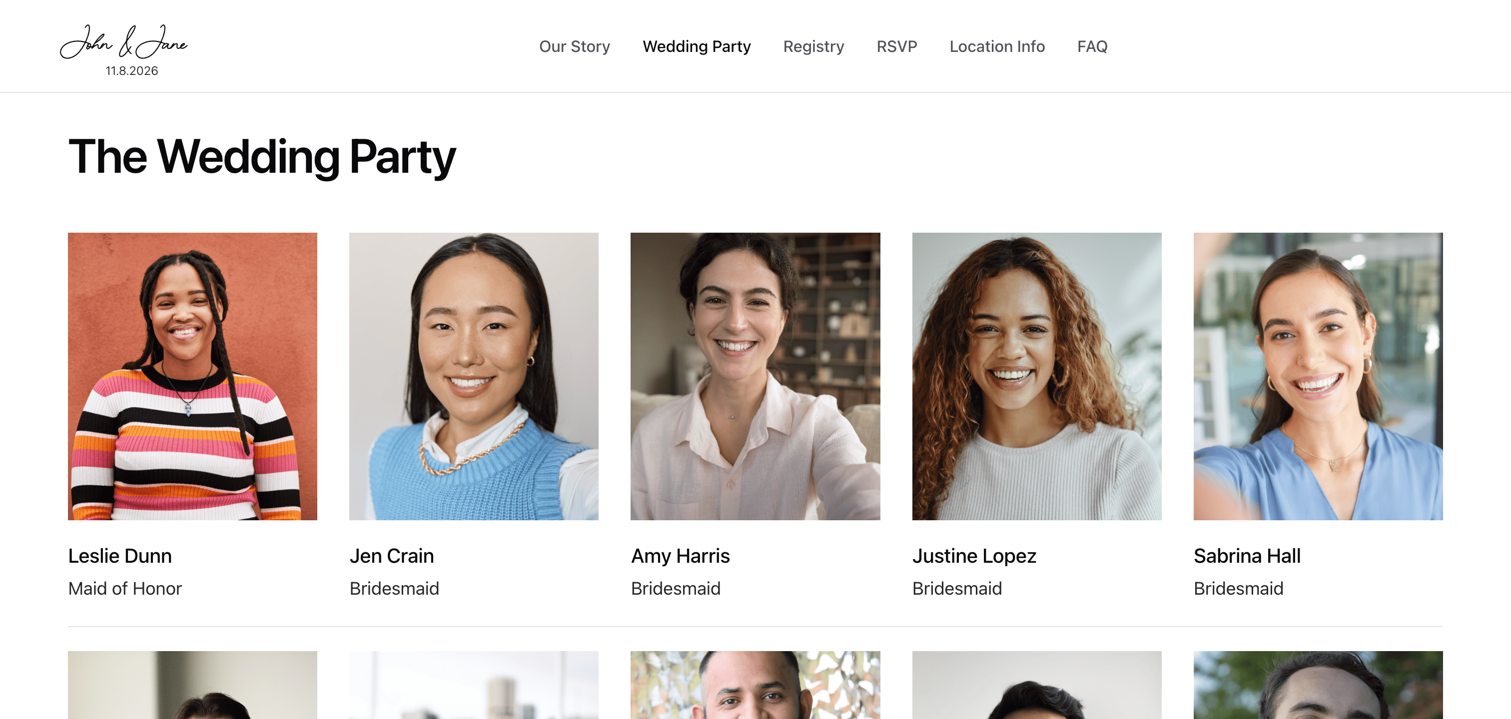 The 'Wedding Party' page of the website, shows profile pictures of the maid of honor and bridesmaids, and the best man and groomsmen.