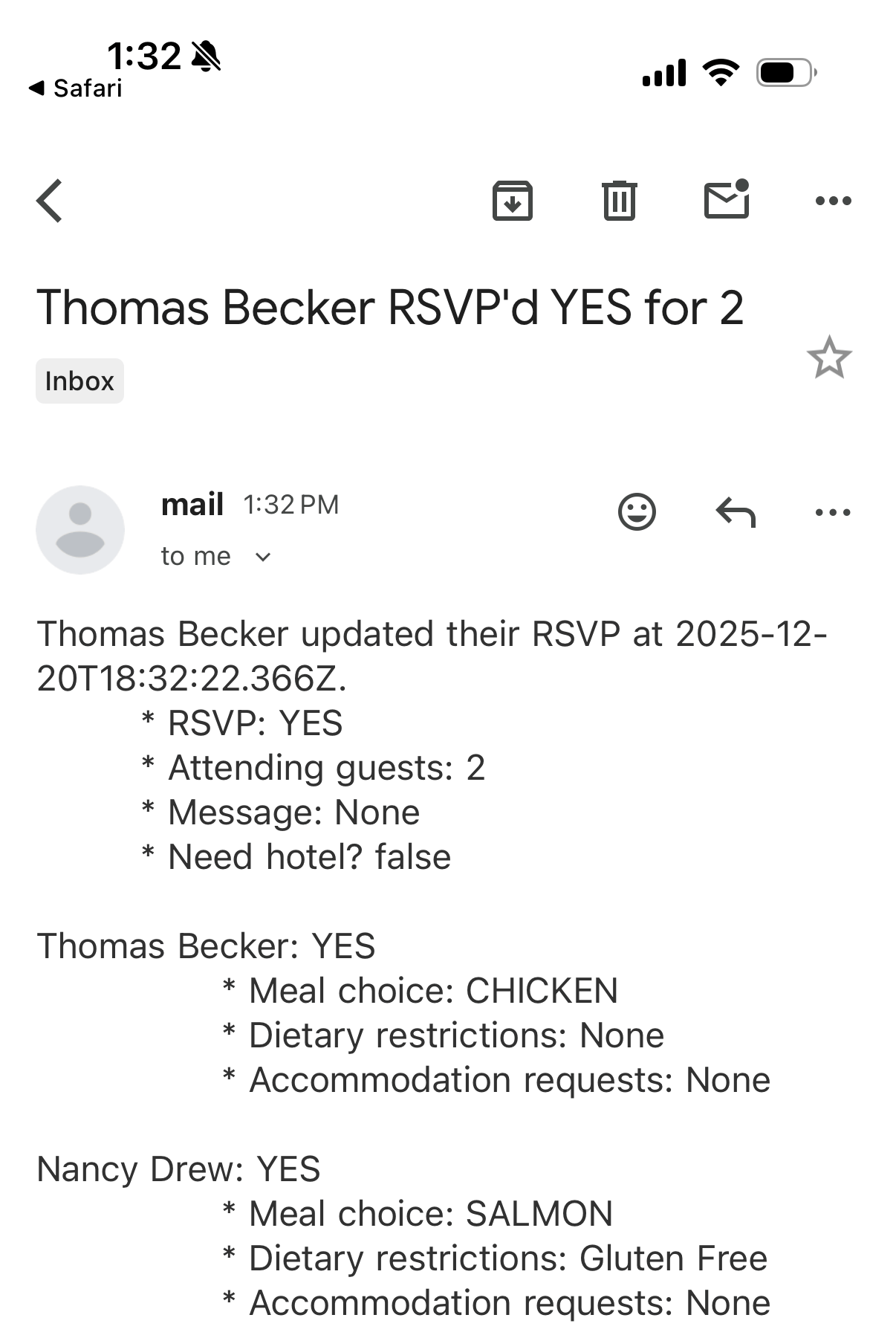 A screenshot of Gmail on iOS. An email is open with the subject 'Thomas Becker RSVP'd YES for 2' and the email body contains information about the guest and their plus one's RSVP details, including their meal choice and dietary restrictions.