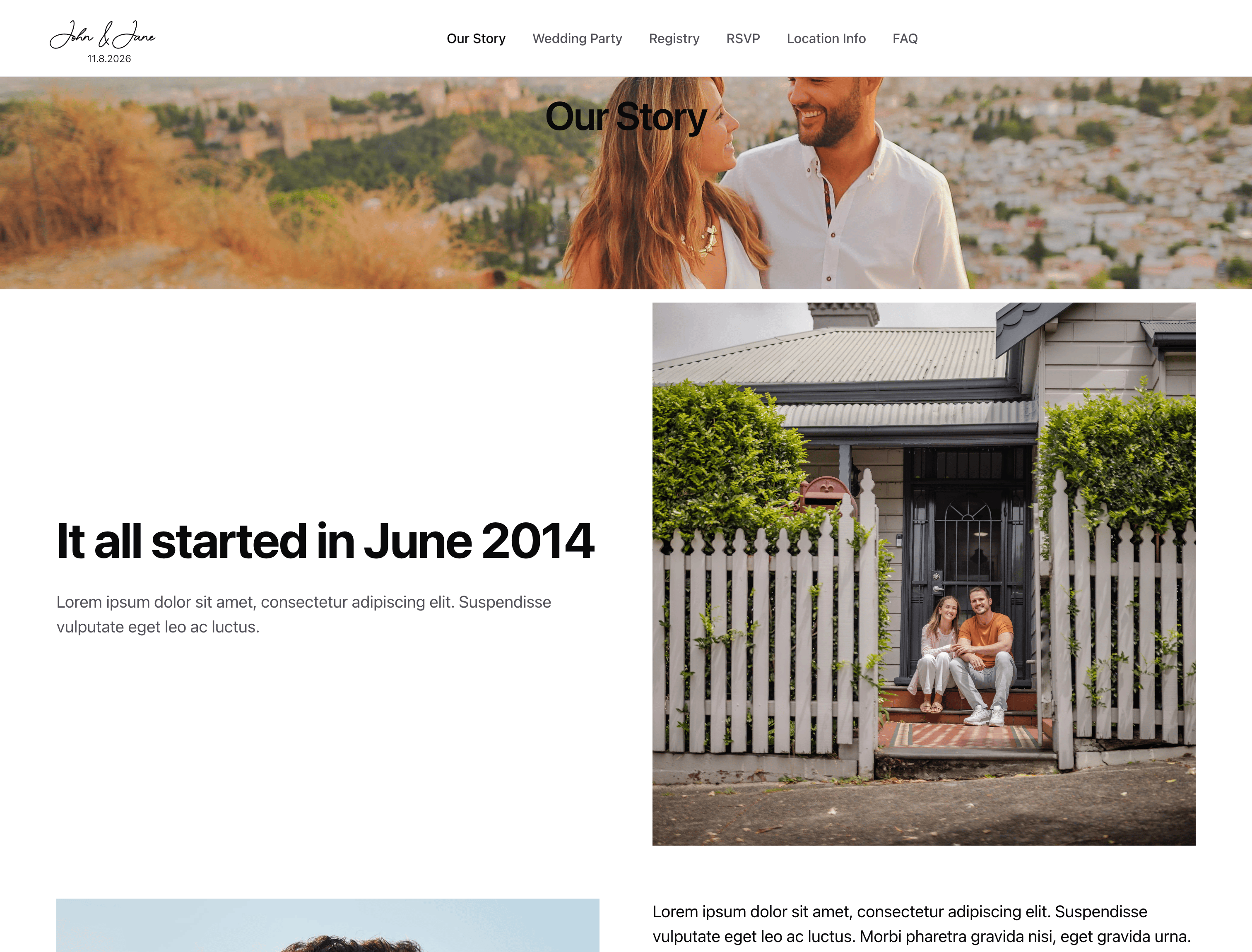 The 'Our Story' page of the website, shows photos of the couple and lorem ipsum text in place of a narrative of how they met and got engaged.